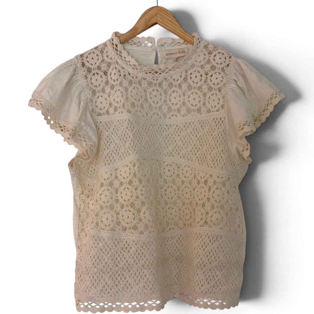 Jennifer & Grace Open Lace Crochet Flutter Sleeve Top M Boho Cowgirl Cottage